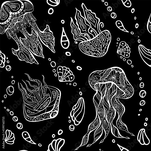 Jellyfish and shell random seamless pattern. Ocean zenart toss repeat endless texture. Zen doodle sea nettle chaotic surface design. Sea blubber hand drawn editable boundless background.