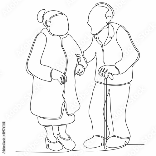 Old couple in continuous line art drawing style. Senior man and woman walking together holding hands. Black minimalist linear sketch isolated on a white background. Vector illustration