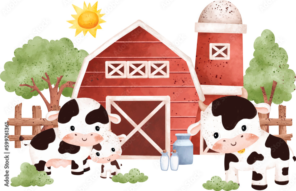 Watercolor Illustration set of cute farm animals and farm house Stock ...