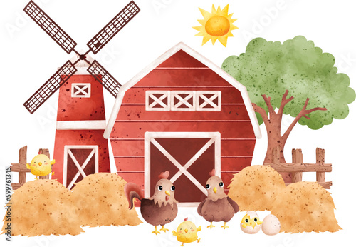 Watercolor Illustration set of cute farm animals and farm house