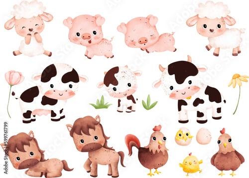 Watercolor Illustration set of cute farm animals