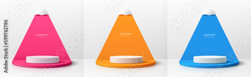 Set of 3D pink, orange, blue realistic cylinder products podium in white minimal wall scene and hanging lamps. Mockup product stage showcase, Banner promotion display. Abstract vector geometric forms.