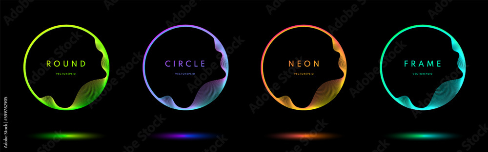 Set of glowing neon lighting lines isolated on black background with copy space. Blue, red-purple, green illuminate circle frames collection design. Abstract cosmic border. Top view futuristic style. - obrazy, fototapety, plakaty 