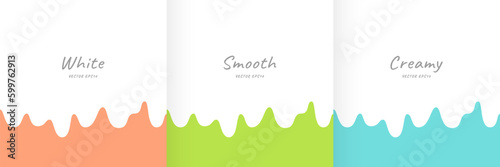 Set of Abstract white melting or fluid flowing drop on orange, green, blue background with copy space. Minimal simple flat style. Summer design for flyer, cover brochure, web banner, card, poster.