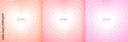 Set of tunnel concentric hearts in pink, orange and soft red background. Valentines day romantic cute elements collection design. Pastel aesthetic hearts backdrop with copy space. Vector illustration