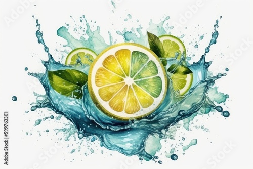 refreshing slice of lemon with water droplets and leaves Generative AI