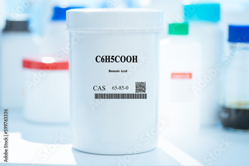 C6H5COOH benzoic acid CAS 65-85-0 chemical substance in white plastic laboratory packaging photo