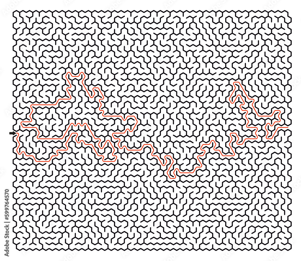 High-Complexity Monochrome Square Maze with Hexagonal Cells and Solution for Vector Stock Illustration