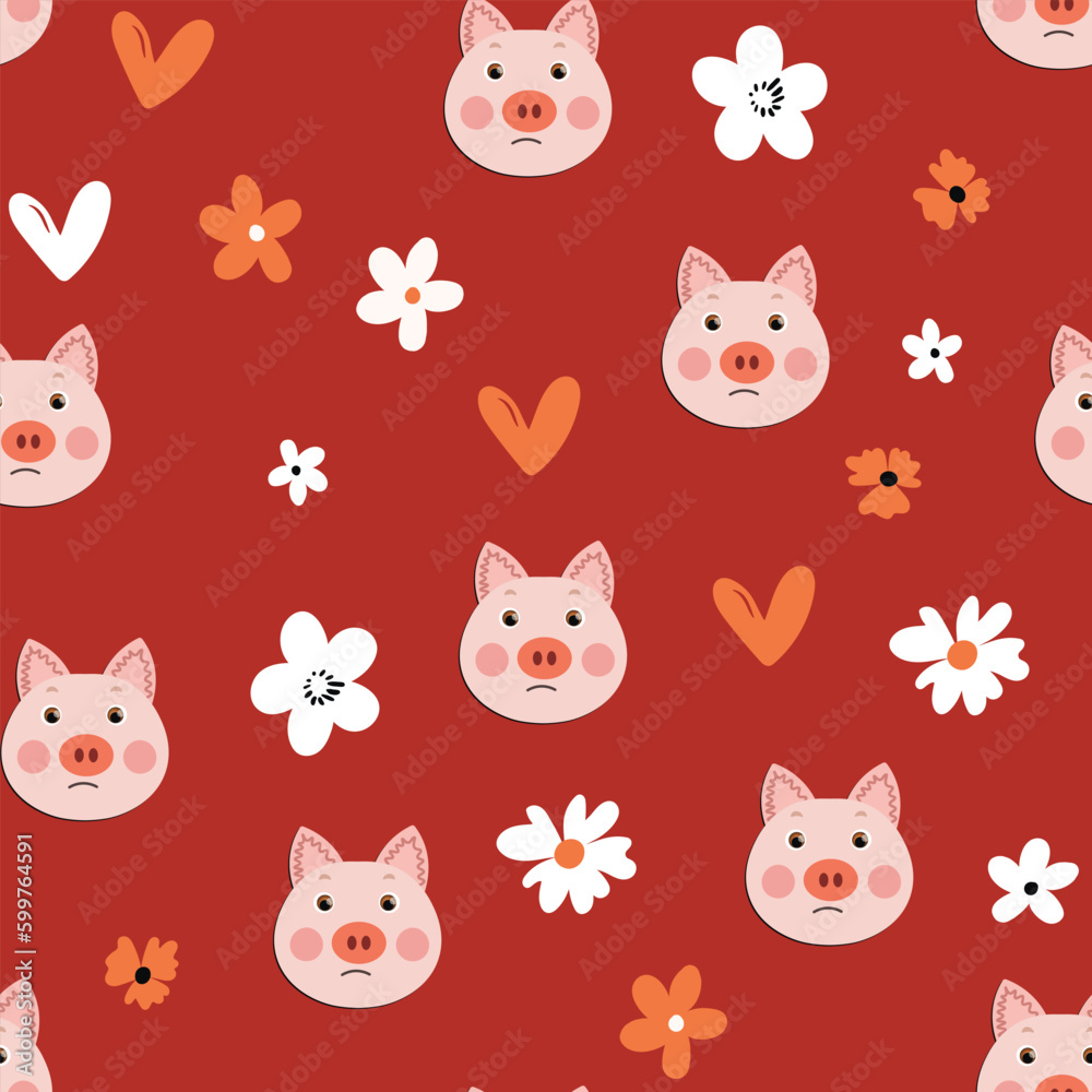 Vector flat animals colorful illustration for kids. Seamless pattern with cute pig face on color floral background. Adorable cartoon character. Design for textures, card, poster, fabric, textile