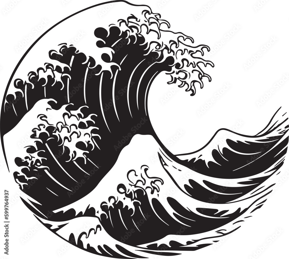 Fototapeta premium Japanese big wave in vintage retro style vector illustration, SVG