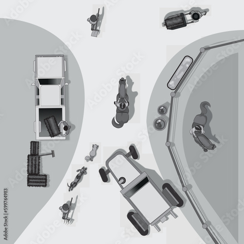 Monochromatic Vector Illustration of Horse Farm with Aerial View