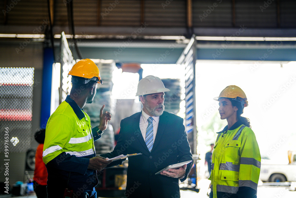 Senior boss manager inspecting with staff engineers woman and African ...