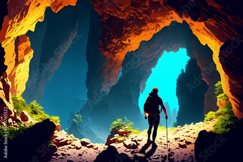 Exploring the Unknown: A Lone Adventurer in a Mysterious Cave