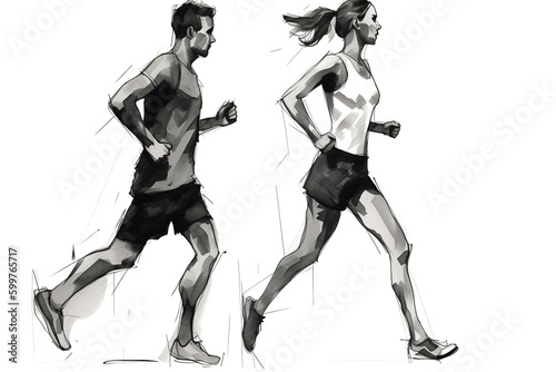 Silhouettes of the man and woman jogging. Charcoal drawing, generative art