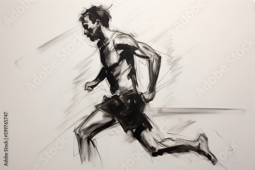 Silhouettes of the male runner. Charcoal drawing, generative art
