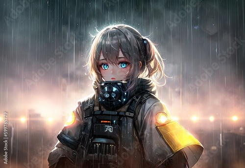 Anime female ninja in rain, near buildings, holding black and yellow thing photo