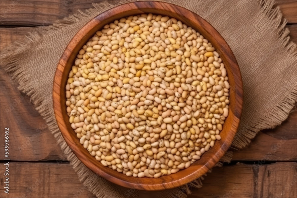 rustic wooden bowl filled with assorted beans on a wooden tabletop Generative AI rustic wooden bowl filled with assorted beans on a wooden tabletop Generative AI