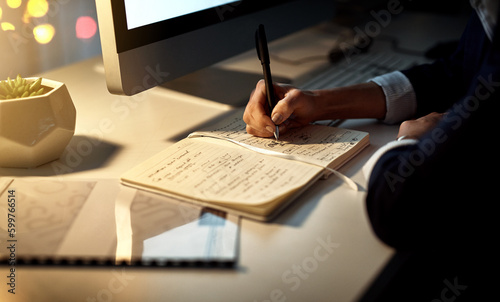 Hands, writing and notebook for working at night on creative ideas, strategy or schedule at a desk. Closeup of entrepreneur woman with pen and notes for planning, information or goals for a project