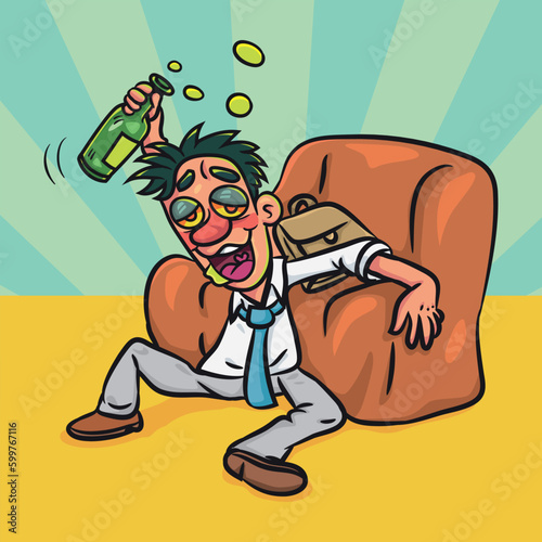 Funny Drunk man lying on floor. vector stock illustration. 