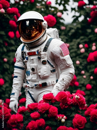 Canvas Print An astronaut wearing a spacesuit in a rose garden for a fashion photoshoot