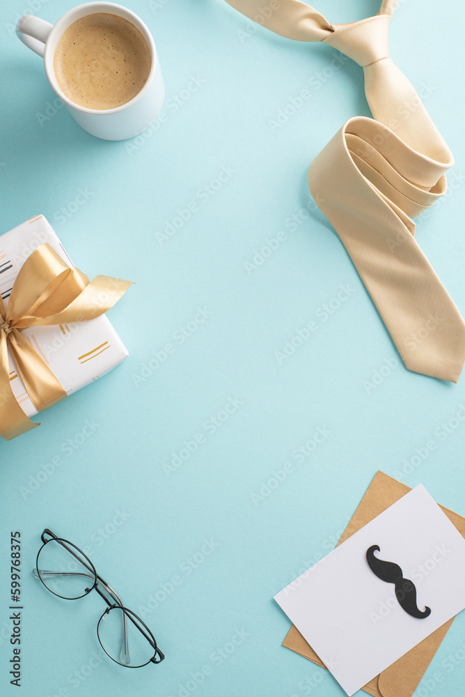 Celebrate Father's Day with an extravagant touch. Top vertical view of necktie, glasses, postal mustaches, gift box, envelope, coffee cup, men's accessories on pastel blue with an empty frame for text Celebrate Father's Day with an extravagant touch. Top vertical view of necktie, glasses, postal mustaches, gift box, envelope, coffee cup, men's accessories on pastel blue with an empty frame for text