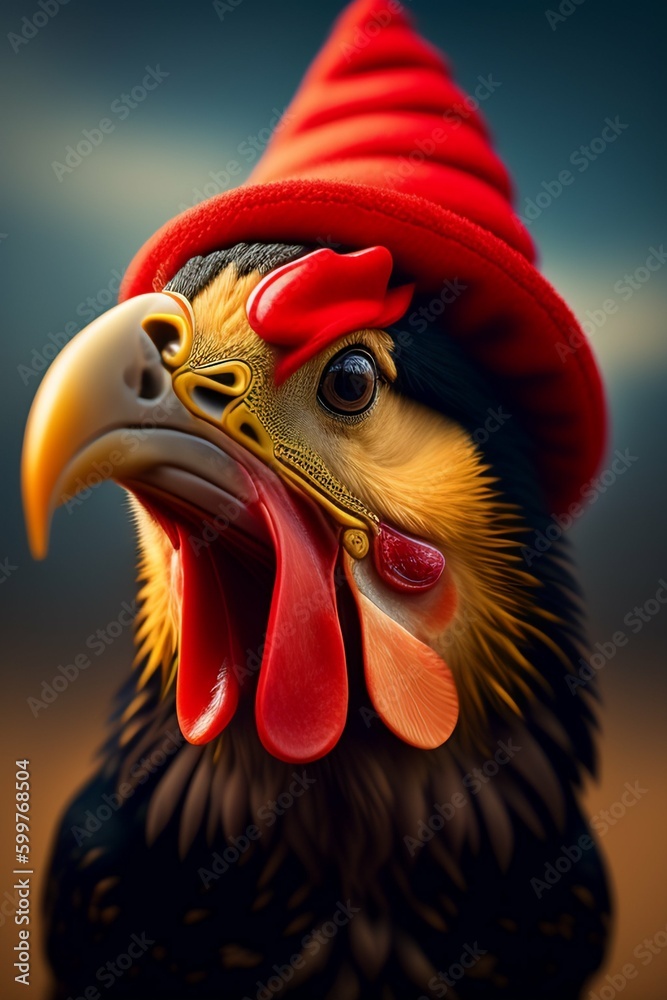 cock with red hat on his head