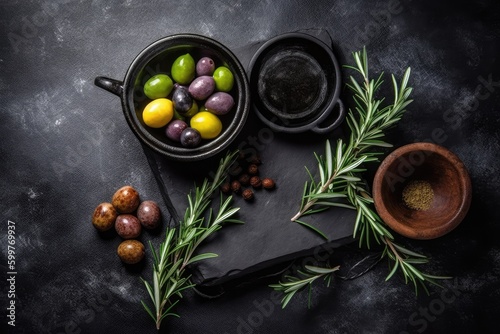 olives, rosemary, and salt presented in a rustic style on a slate board Generative AI
