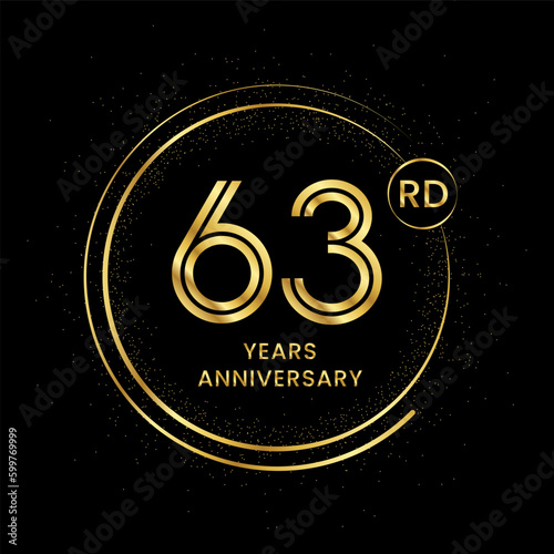 63 years anniversary with golden circle glitter and double circle line vector template