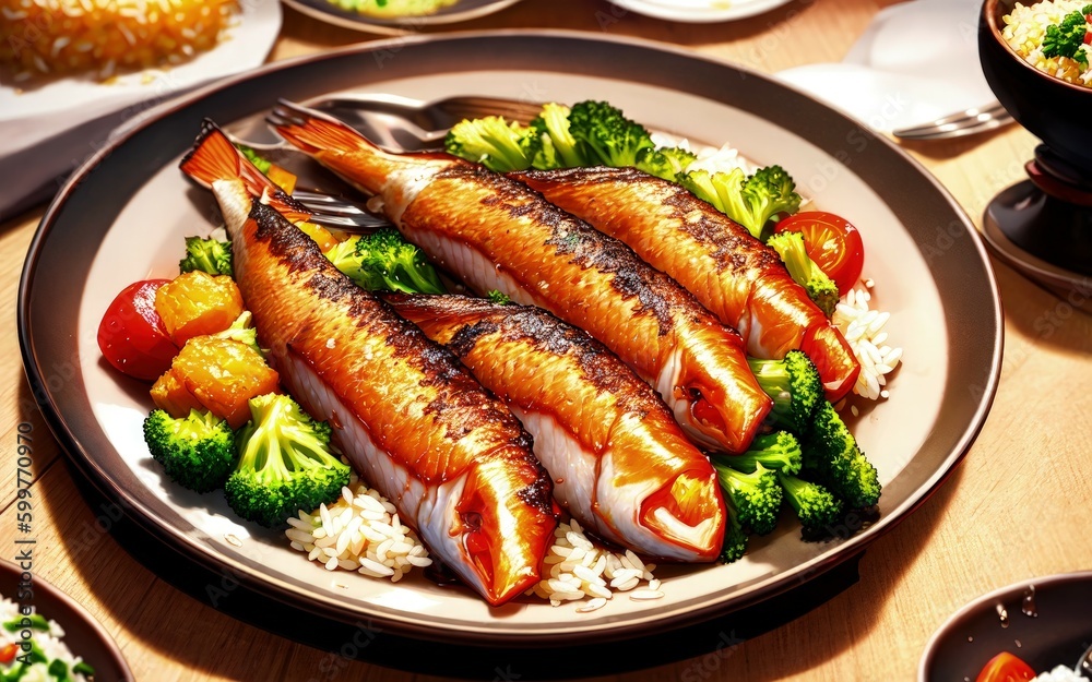 Grilled Shrimp with Broccoli on a Plate