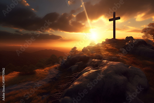 Creative religion concept. Cross at top of hill mountain with sunset ray dawn. glowing end clouds skies landscape. Christian religious. 