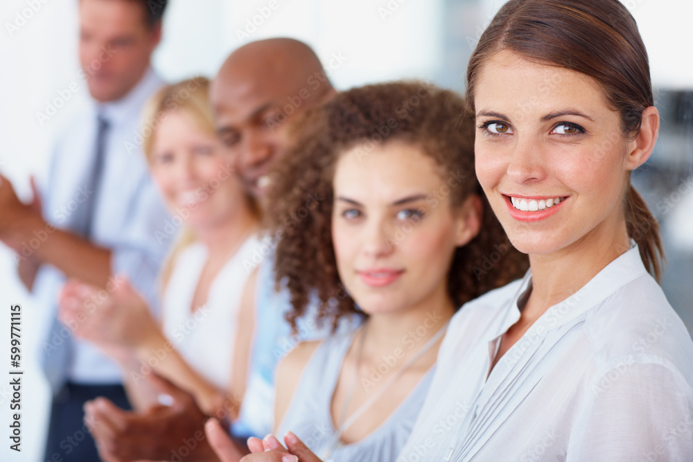 Fototapeta premium Business people, portrait and applause in celebration for presentation, meeting or seminar at workshop. Happy group of employees clapping for team coaching, audience or staff training at convention