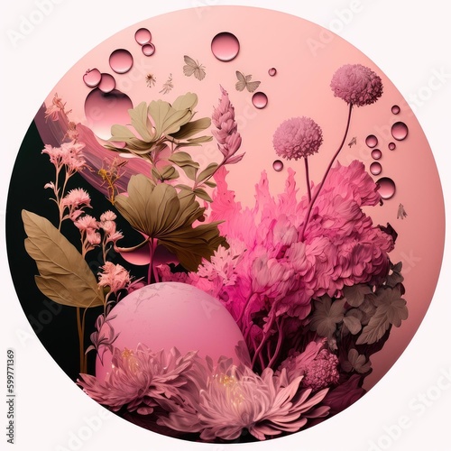 Circle abstract of pink flowers decoration. superlative generative AI image.