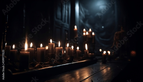 Black creepy Candlelight in dark spooky room  generative ai