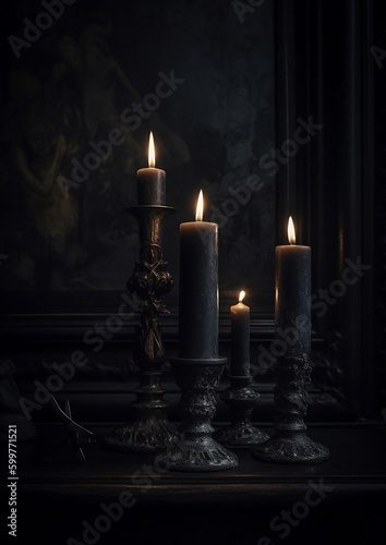 Black creepy Candlelight in dark spooky room, generative ai