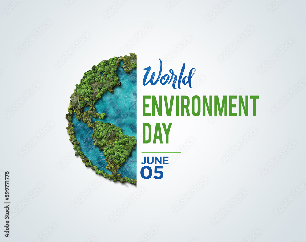 World environment day 2023 3d concept background. Ecology concept. Design with globe map drawing and leaves isolated on white background. Better Environment, Better Tomorrow. - obrazy, fototapety, plakaty 