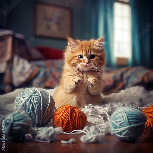 Cute cat playing with ball of yarn in a bedroom, IA generative photo