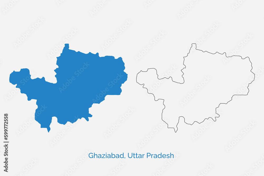 Ghaziabad district (Uttar Pradesh State, Republic of India) map vector, illustration. The Ghaziabad map is on grey background. Outline map of Ghaziabad.