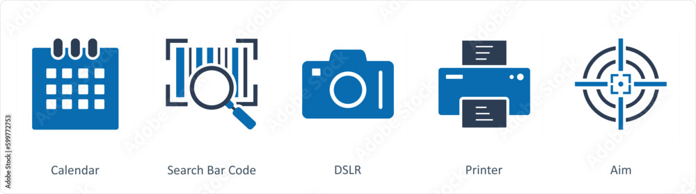 A set of 5 Business icons as calendar, search bar code, dslr A set of 5 Business icons as calendar, search bar code, dslr
