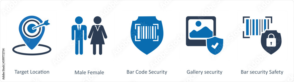 A set of 5 Business icons as target location, male female, bar code security A set of 5 Business icons as target location, male female, bar code security