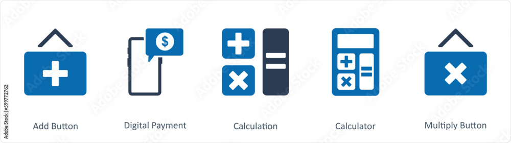 Obraz premium A set of 5 Business icons as add button, digital payment, calculation