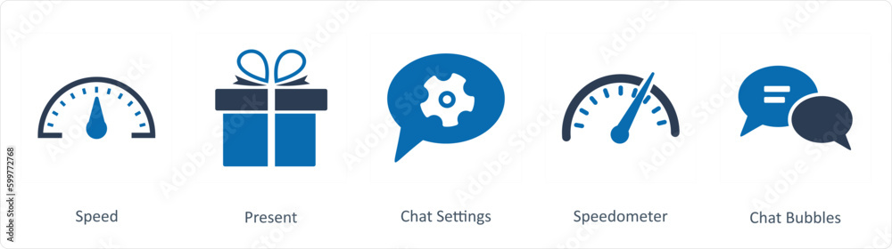 A set of 5 Business icons as speed, present, chat settings A set of 5 Business icons as speed, present, chat settings