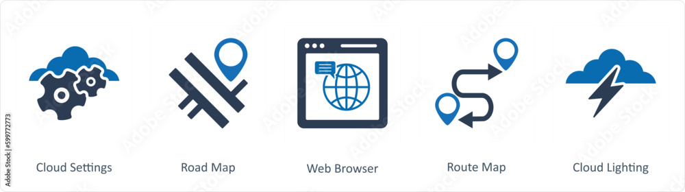 A set of 5 Business icons as cloud settings, road map, web browser A set of 5 Business icons as cloud settings, road map, web browser