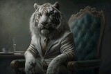 A portrait of a tiger in a suit sitting in a chair. Generative ai illustration