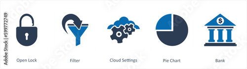 A set of 5 Business icons as open lock, filter, cloud settings