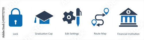 A set of 5 Business icons as lock, graduation cap, edit settings