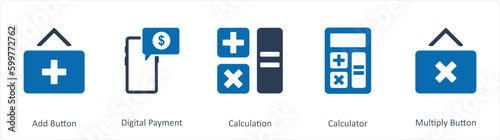 A set of 5 Business icons as add button, digital payment, calculation