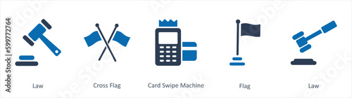 A set of 5 Business icons as law, cross flag, card swipe machine