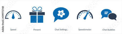 A set of 5 Business icons as speed, present, chat settings