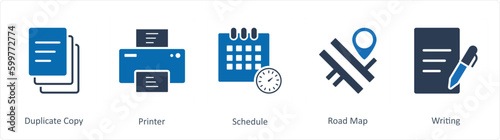 A set of 5 Business icons as duplicate copy, printer, schedule