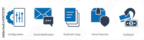 A set of 5 Business icons as configuration, email notification, duplicate copy